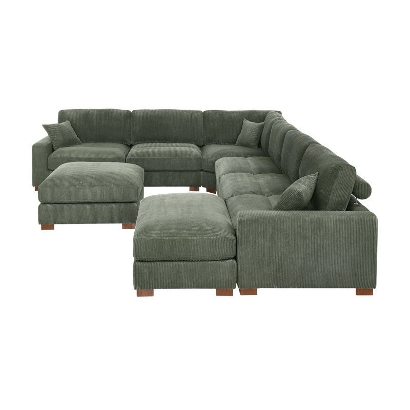 7-Pieces Modular Sofa Bed, 34.00" H x 159.50" W x 123.50" D, Green Corduroy