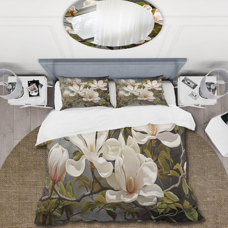 Ensemble de housse de couette blanc et vert Magnolias Magnolia Serenity, Housse de couette pour très grand lit et 2 très