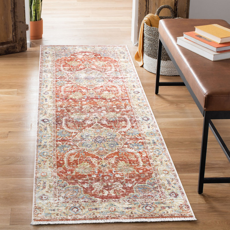 Washable Non-Slip 12 ft Runner - Orange / Olive Beige Traditional Oriental Runner, Runner 2'6" x 12'