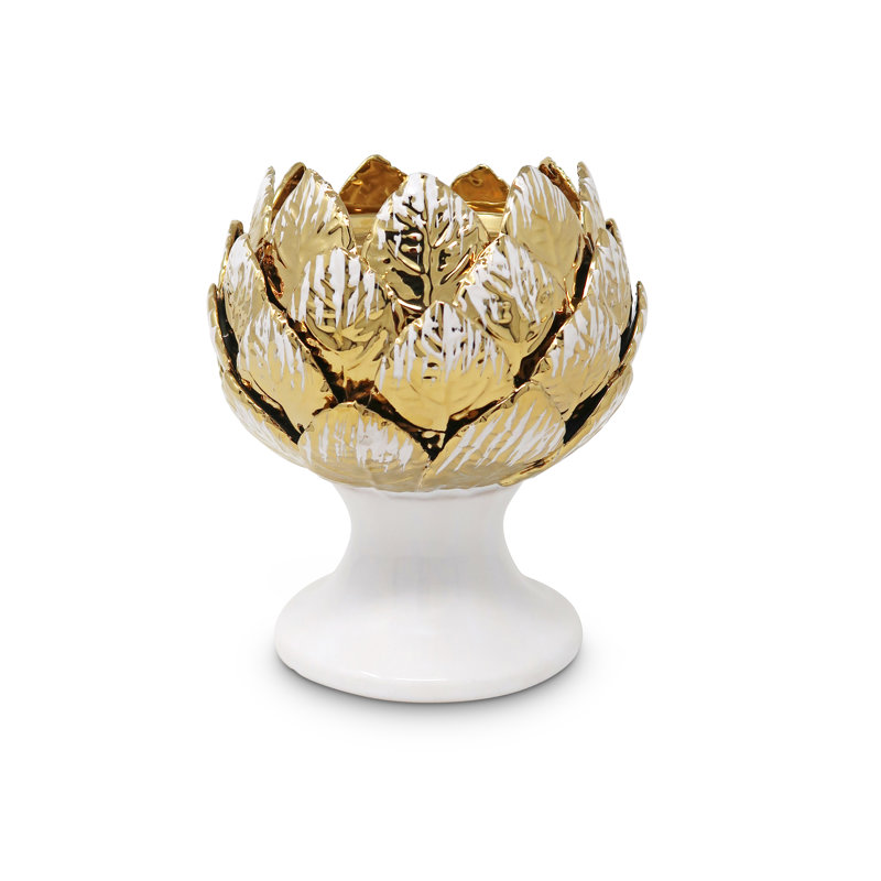6.2'' H Ceramic Tabletop Tealight Holder, White/Gold