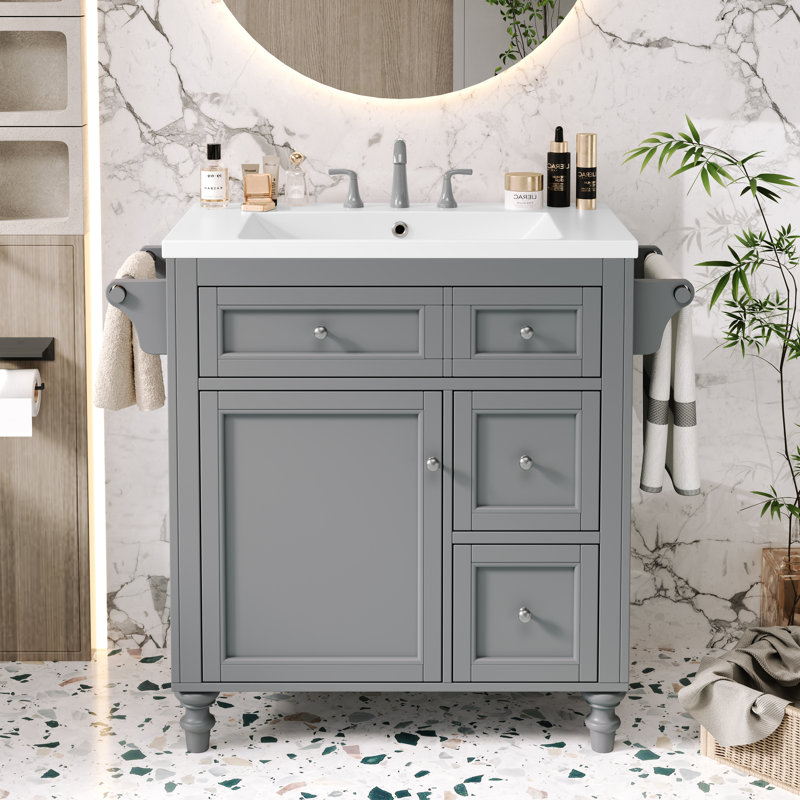 Meuble-lavabo avec lavabo, armoire de salle de bain avec 2 tiroirs et rangement basculant, conception de lavabo simple moderne