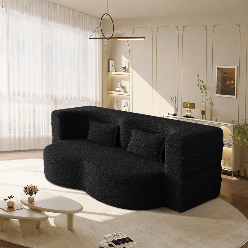 Evren Boneless Modern Minimalist Compression Convertible Floor Sofa Bed with Pillows, 30" H x 78" W x 45" D, Teddy Black