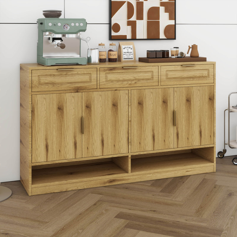 59.1" Sideboard Buffet With 3 Drawers & 4 Doors, White Storage Cabinet With Adjustable Shelf & Open Compartments, Natural