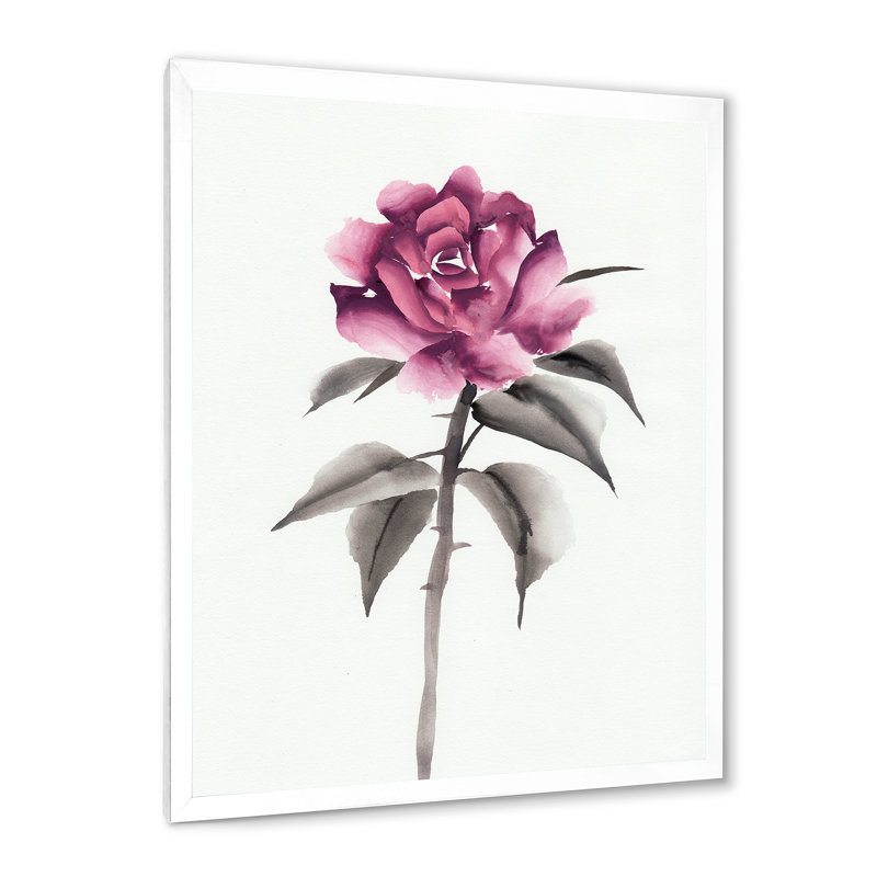 Fleur rose rétro - peinture sur toile, Toile blanche encadrée, H 20 po x l 12 po x P 1,5 po