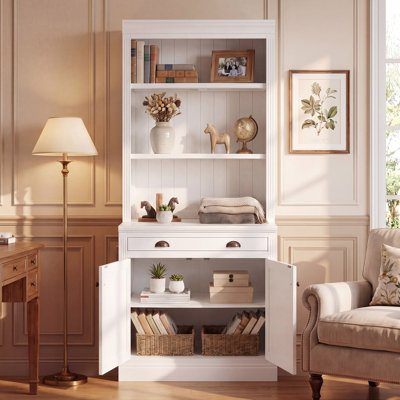 83.5"H X 35.8"W Modern Storage Bookcase with 3 Open Shelves and 1 Large Drawer, Tall Wood Bookshelf with LED Lighting