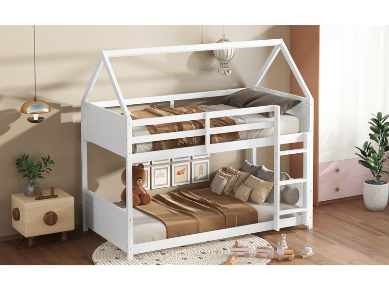 Ishmal Twin Over Twin House Bunk Bed with Headboards, Footboards, Guardrails & Ladder - Rubber Wood, White