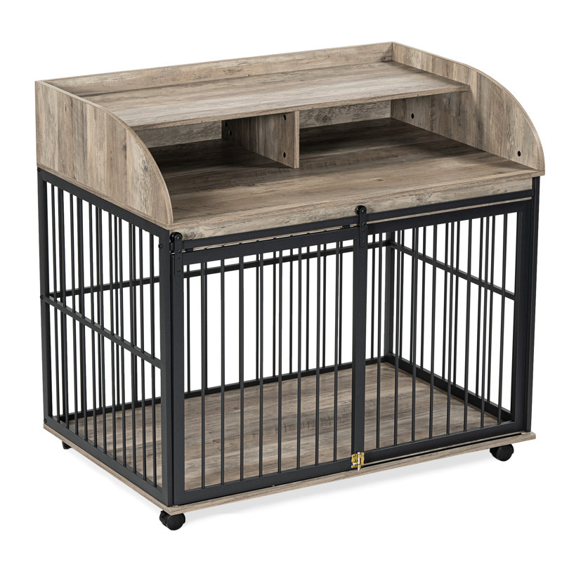 Cage pour chien avec rangement double couche et finition rouille, porte de chenil coulissante grise,
