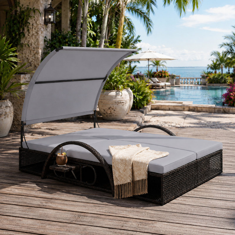 Chaise longue d'extérieur à structure en acier contemporaine avec dossier réglable, lit de jour double pour patio, auvent incurvé, table d'appoint pour terrasse de piscine dans la cour arrière