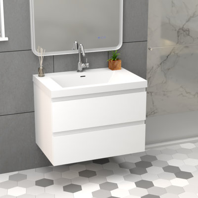 Meuble-lavabo mural de 30 po avec lavabo en pierre d'ingénierie en résine blanche, deux tiroirs avec glissières à fermeture en douceur dissimulées, armoire flottante, à l'exception du robinet et du système de drainage