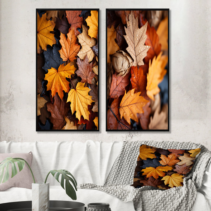 Ensemble de salon art mural jaune et orange feuilles d'automne Mapple I - 2 feuilles, Cadre flottant noir, H 32 po x l 33 po