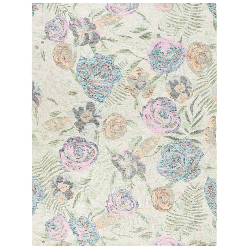 Tapis floral touffeté en laine / coton Jonson, Rectangle 3 po x 5 po