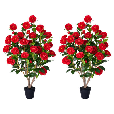 Set Of 2 Artificial Camellia Tree In Black Pot, UV Resistant Faux Camellia Plant For Indoor Outdoor Decor, Front Door Porch Patio Living Room Office
