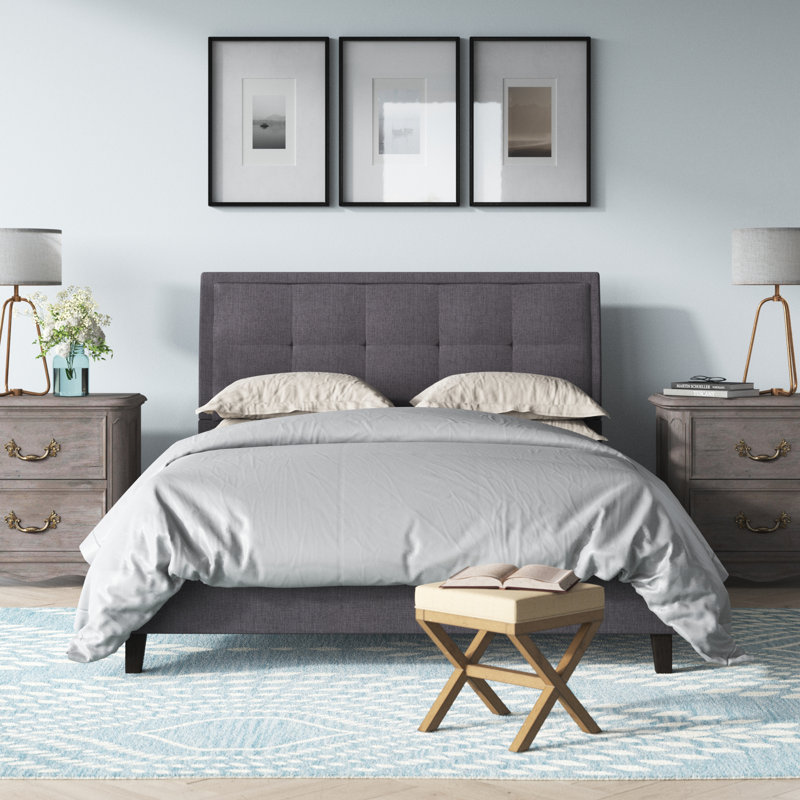 Lit plateforme tapissier capitonné à profil bas avec rangement Ethe, Gris foncé