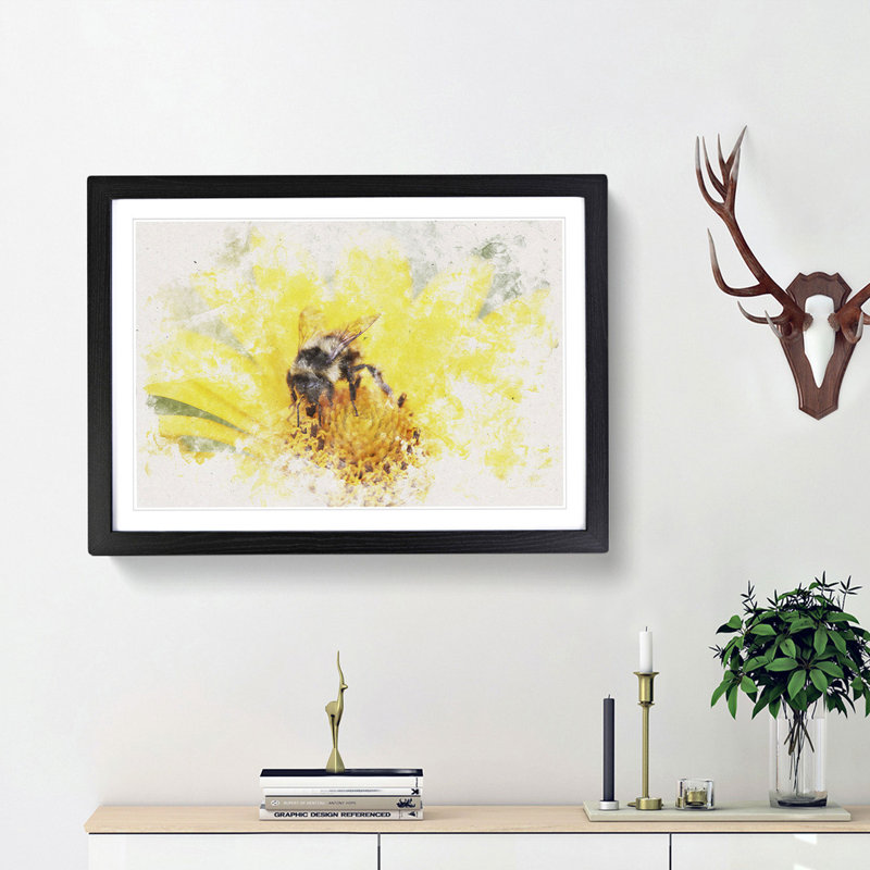 Bee Collecting Pollen Watercolour - Picture Frame Graphic Art Print, 62cm H x 87cm W x 2cm D, Black Framed