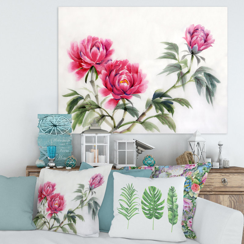 Trois pivoines rétro - reproduction sur toile, Toile tendue, H 16 po x l 32 po x p 1 po