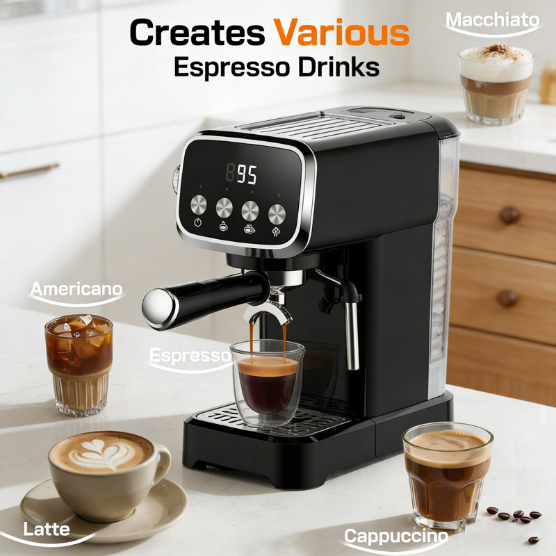 2pcs Slim Vertical Espresso Machine with Milk Frother, 20BAR Professional Pump & Pre-Infusion, Built-in Cup Warmer, 43oz Detachable Water Tank, Compact Space-Saving Design for Rich Espresso, Latte, Americano, Easy to Use, Black
