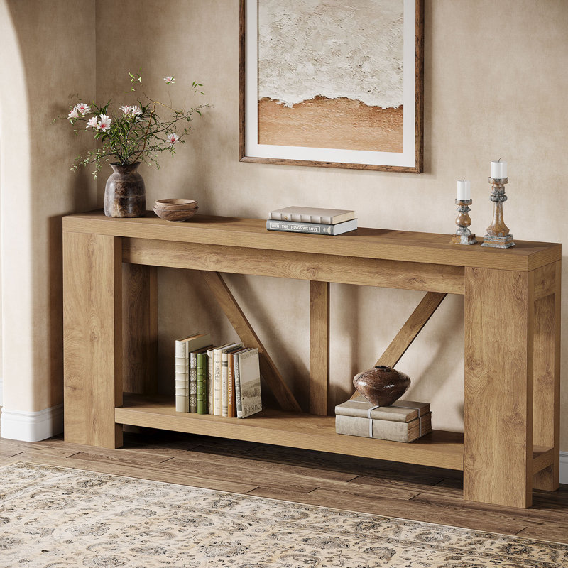 Console 70,9 pouces à 2 niveaux en bois, canapé long et étroit derrière le canapé, Naturel