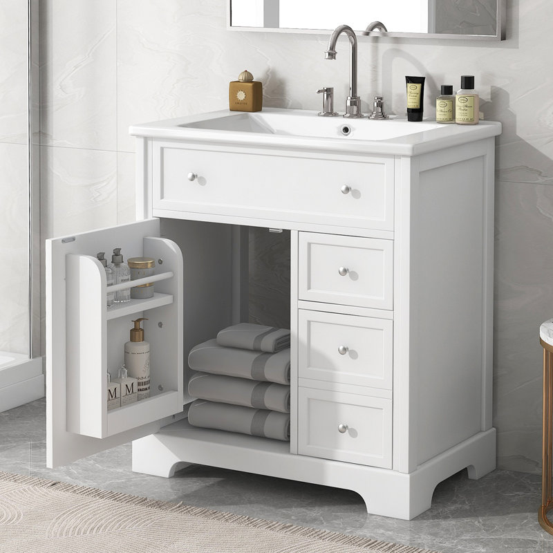 Meuble-lavabo de 30 po avec comptoir d'évier, meuble-lavabo avec porte et deux tiroirs, planches en panneau de fibres à densité moyenne, bois massif, un paquet