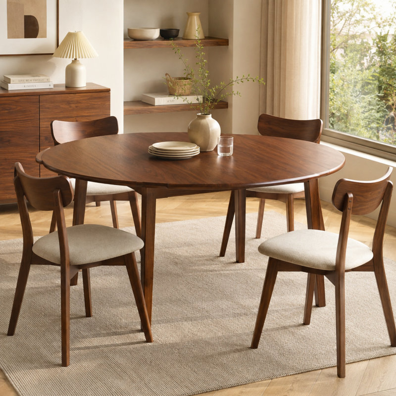 Table de salle à manger ronde extensible KELVIO pour 2 à 4 personnes, table de cuisine pliante en bois peu encombrante avec plateau en MDF et pieds en bois d'hévéa massif