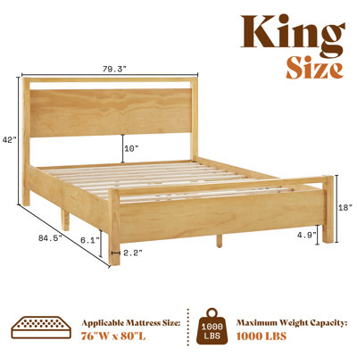 Solid Wood Bed King With Pearlized Finish Headboard & Footboard, Natural
