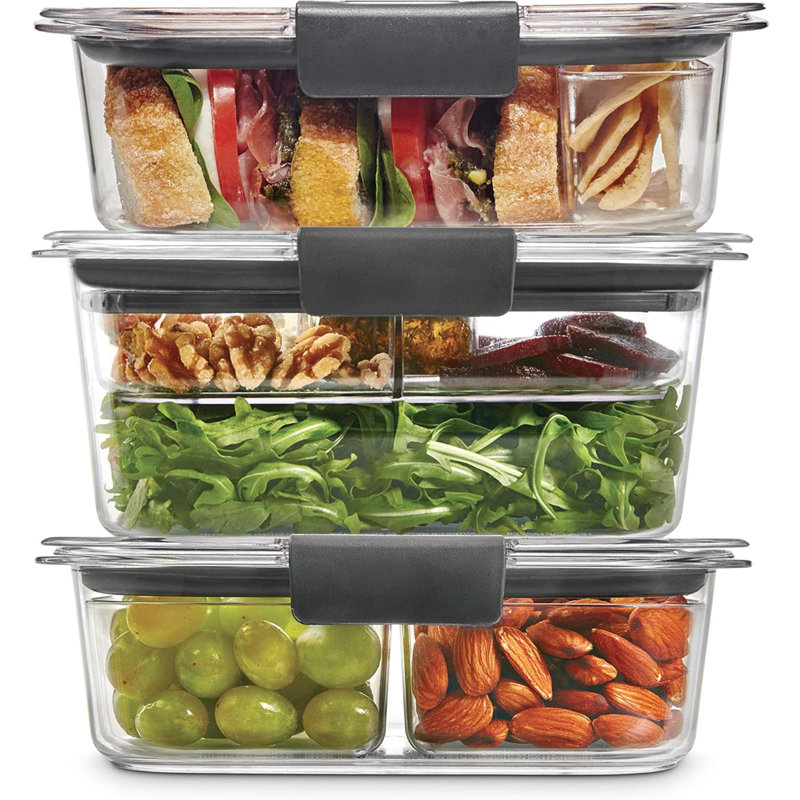 Ensemble de 3 contenants alimentaires sans couvercle Brilliance sans BPA avec couvercles, plateaux amovibles, hermétiques, étanches, idéaux pour la préparation des repas, le déjeuner et les restes