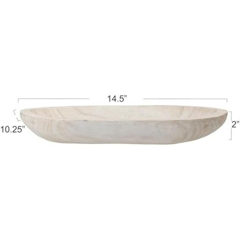Hand-Carved Paulownia Wood Bowl with Whitewashed Finish