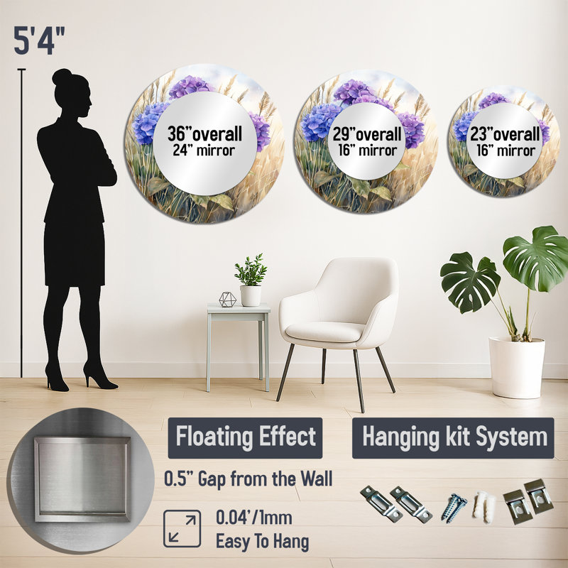 Hortensias et herbes sauvages - Miroir floral pour décoration murale - imprimé sur métal, 23 po x 23 po
