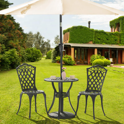 Patio Bistro Set Outdoor Cast Aluminum Bistro Table and Chairs of 2, Bistro Set with Umbrella Hole for Balcony, Black