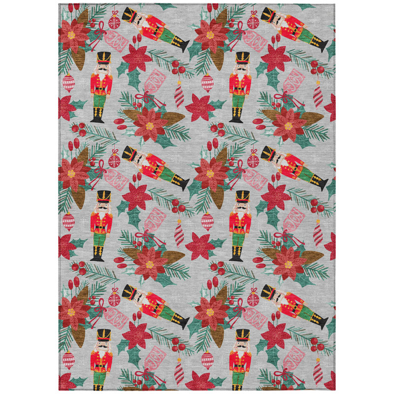 Machine Washable Indoor/Outdoor Christmas Nutcracker Xhevrie Silver Rug, Rectangle 3' x 5'