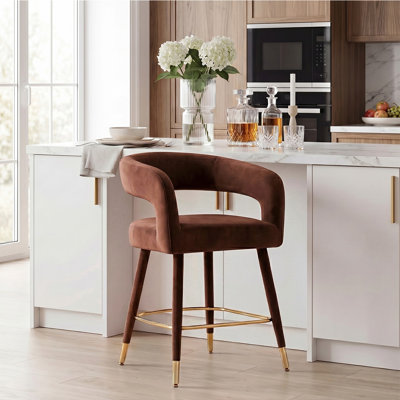 Tabouret de bar 24 po en velours à hauteur de comptoir avec repose-pieds doré