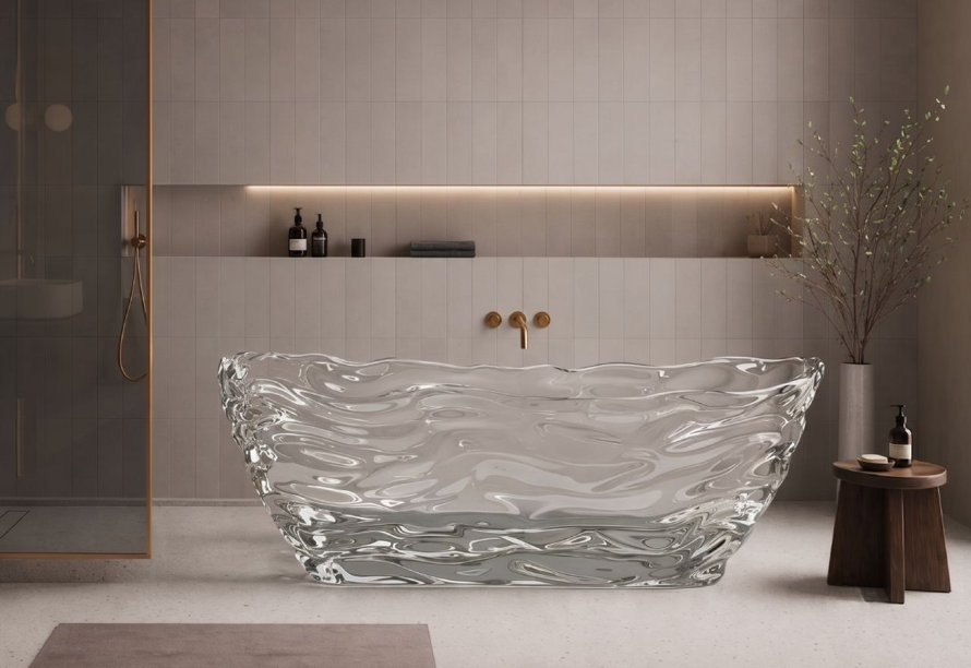 Translucent, rippled glass freestanding bathtub in a modern minimalist bathroom with beige tile walls, brass fixtures, and a wooden side table.