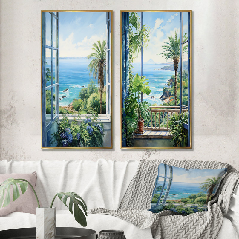Ensemble de 2 fenêtres tropicales sur la plage I - Coastal Windows Wall Art, Cadre flottant doré, H 28 po x l 25 po