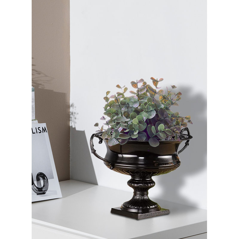 Antique Black Metal Pedestal Urn Vase for Floral Arrangements