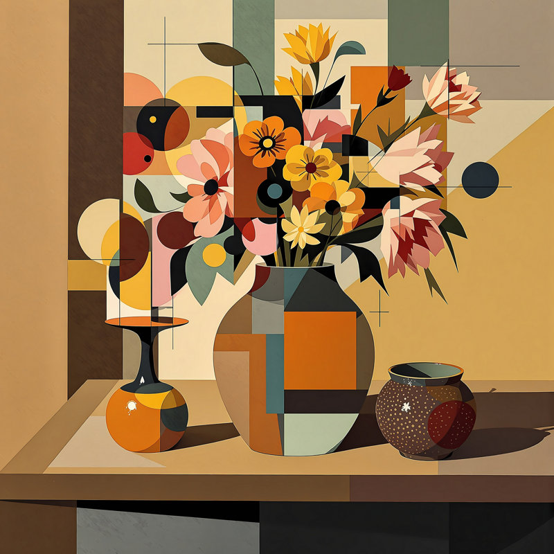 Nature morte colorée du milieu du siècle III, H 24 po x l 24 po