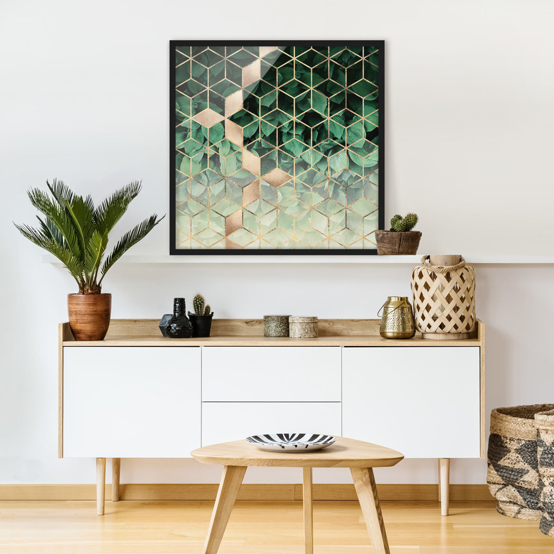 Gerahmtes Poster Green Leaves Golden Geometry