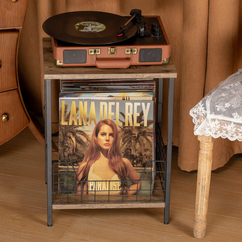 Rustic Brown Record Player Stand, 2-Tier End Table, Versatile Storage For Living Room And Bedroom