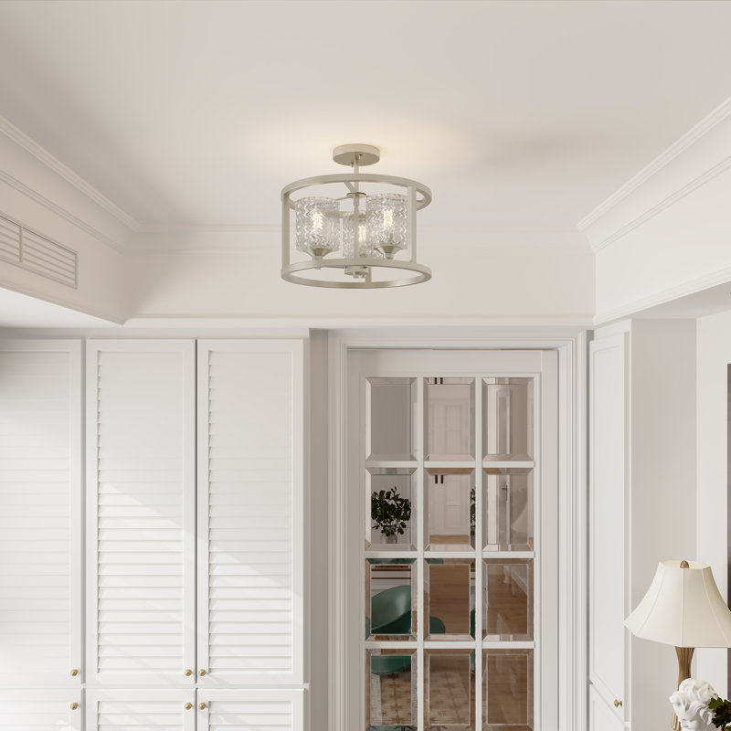 Maroney 3 - Light Kitchen Glass Steel Dimmable Flush Mount Ceiling Light Chandelier, Nickel Dust