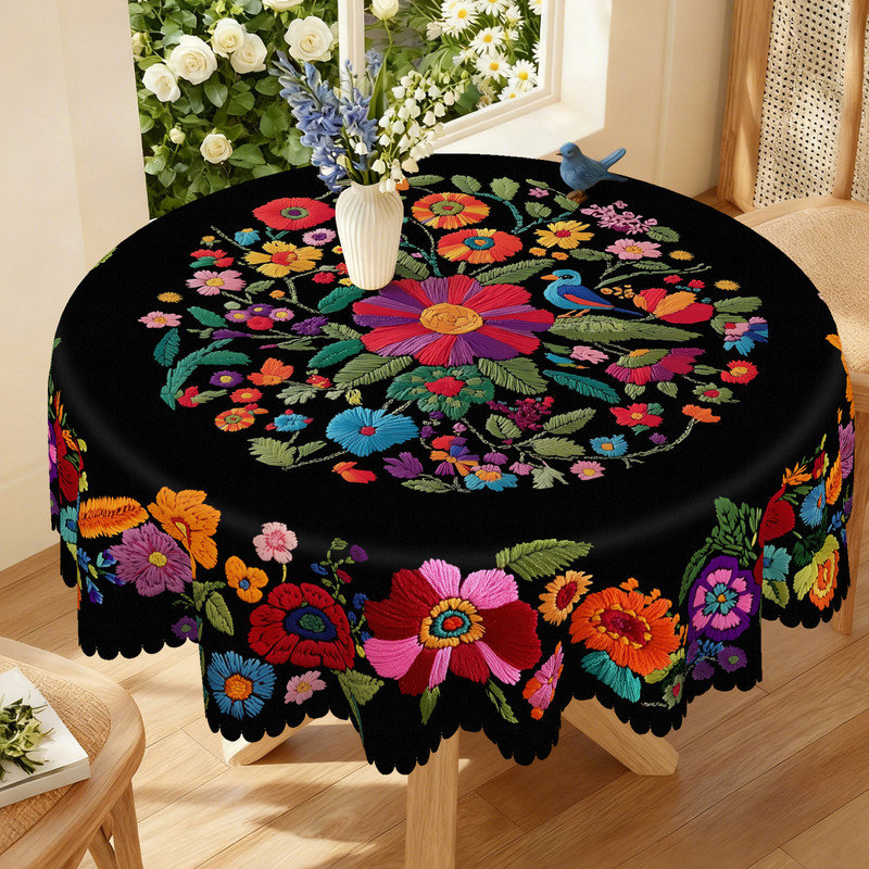 Black Washable Polyester Tablecloth with Floral Pattern