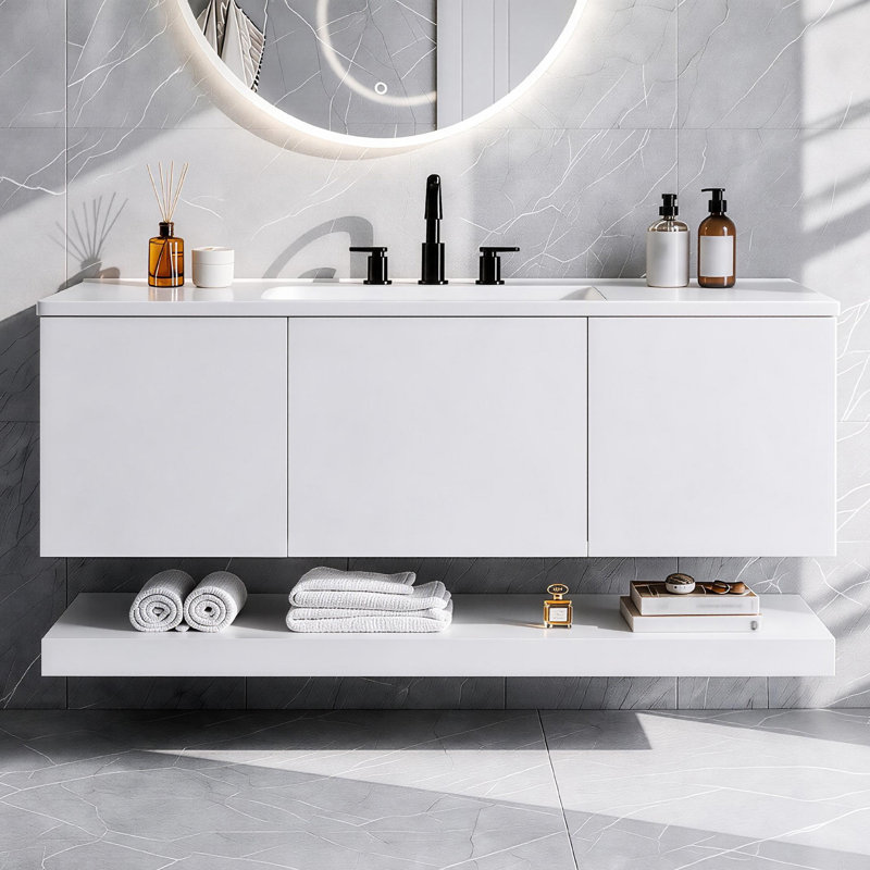 Armoire de salle de bain murale 48 po, meuble-lavabo flottant en panneau de fibres à densité moyenne avec 3 tiroirs et tablette inférieure ouverte, meuble-lavabo peint en blanc avec design sans poignée, comptoir de lavabo en composite
