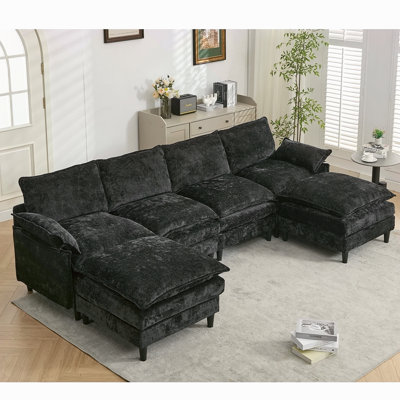 Modular Sofa,U Shaped Cloud Couch Comfy Set ,6-Seater, 2 Armrest Pillows,Convertible Sectional Couch, Living Room,Apartment, Chenille(2 Movable Ottoman)