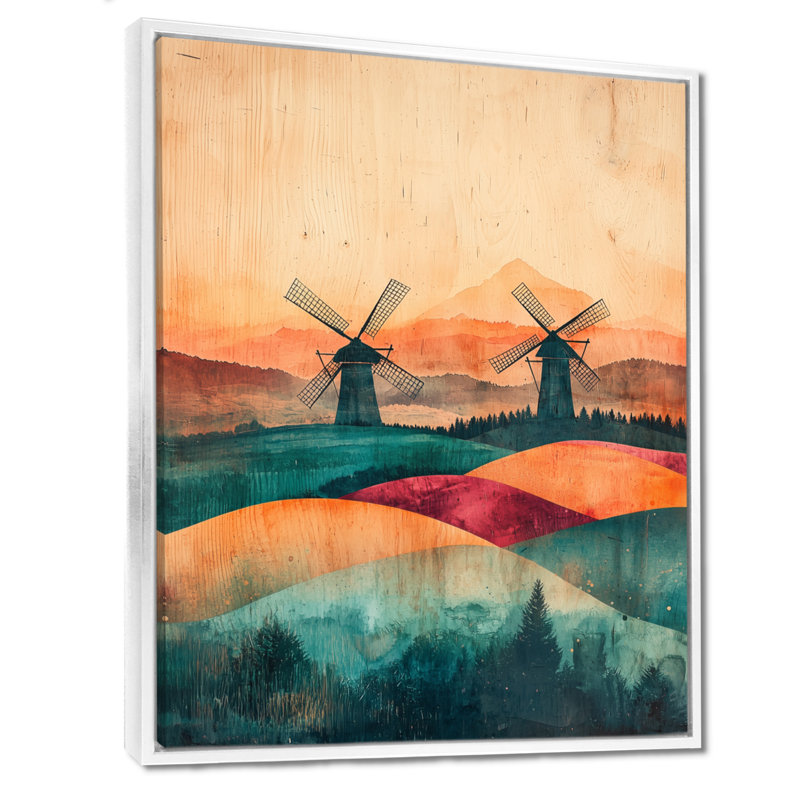 Dristi Windmills Into A Summer Field Landscape III - Windmills, art mural, H 44 po x l 34 po, Blanc