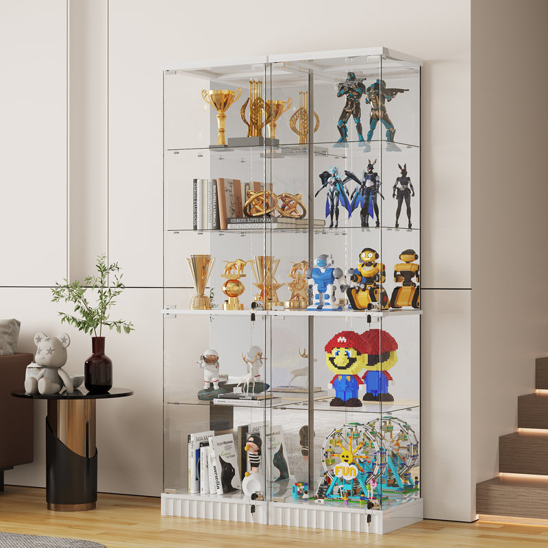 Glass Display Cabinet with Sensor RGB Lights, Wine Cabinet with Lock, White