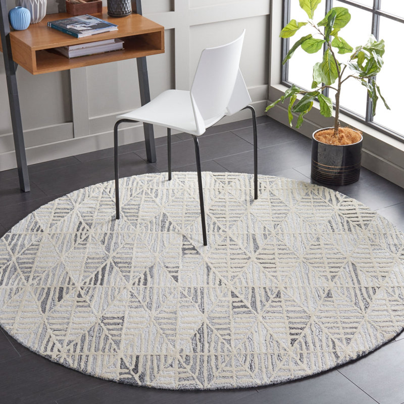 Ebony Hand Tufted Wool Viscose Cotton with Latex Geometric Rug in Ivory/Gray, Round 6'
