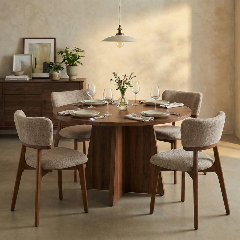 Rohun 47.2"L Round Modern Kitchen Dining Table Set With 32.1"H Dining Chair, Beige, 5 Pieces: Table, 4 Chairs, Dark Brown