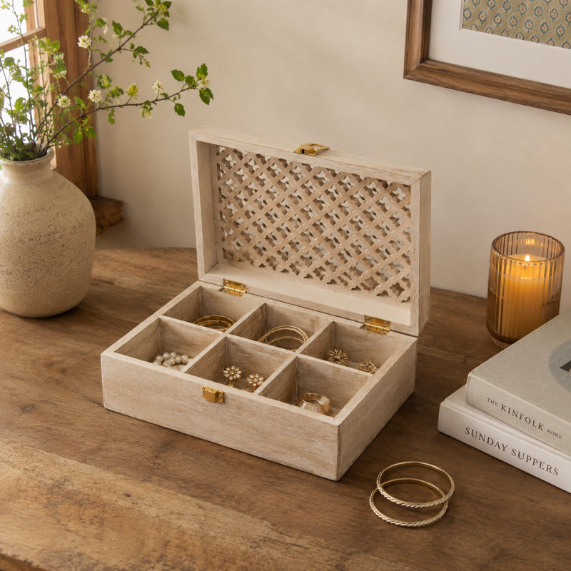 Boîte de rangement 6 pièces fabriquée à la main en bois de manguier blanchi, 6 cloisons