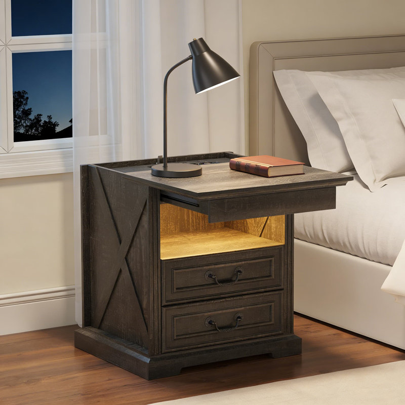 Table de chevet intelligente avec tiroir à pistolet caché, capteur de mouvement à DEL et station de charge USB | Table de chevet avec rangement verrouillable Farmhouse