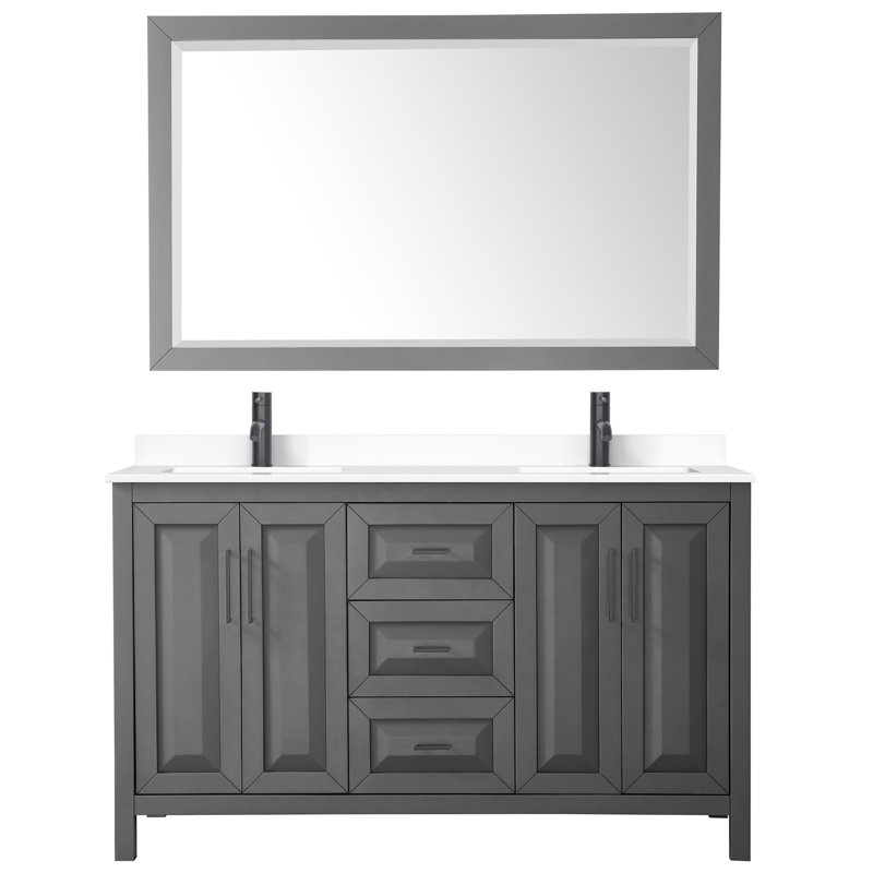 Ensemble de meuble-lavabo double avec miroir Daria, Gris foncé, Noir mat, 60"