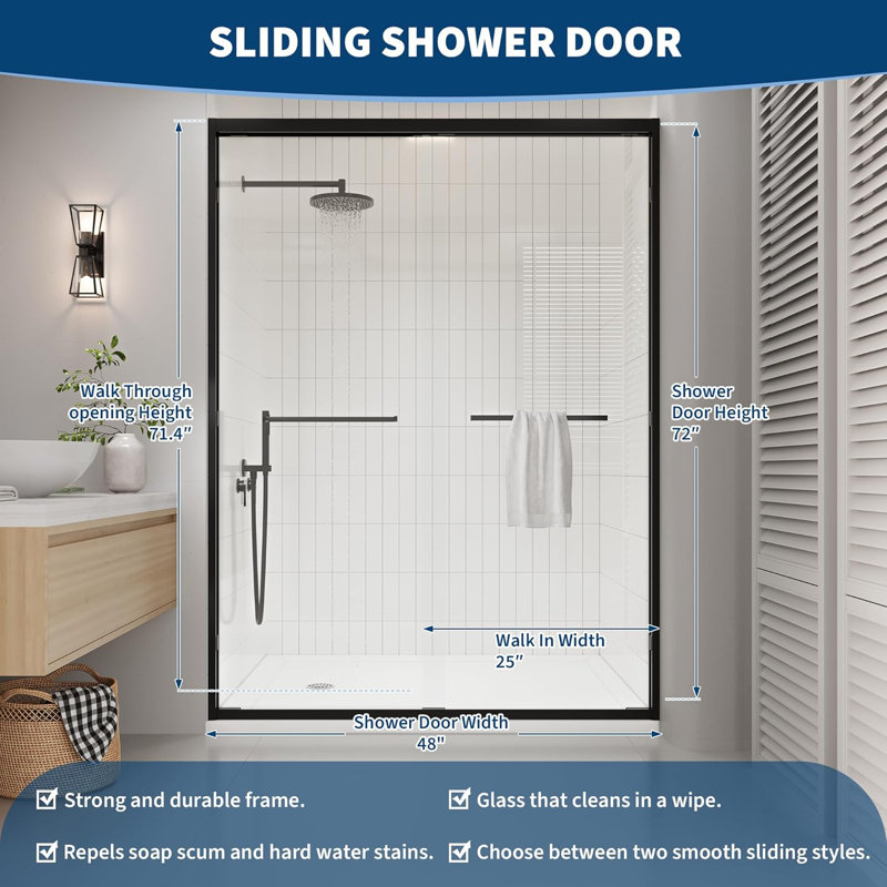 Double Sliding Glass Shower Door, Semi-Frameless Tempered Glass with Matte Black Finish, 44–48"W x 72"H, for Walk-In Bathroom