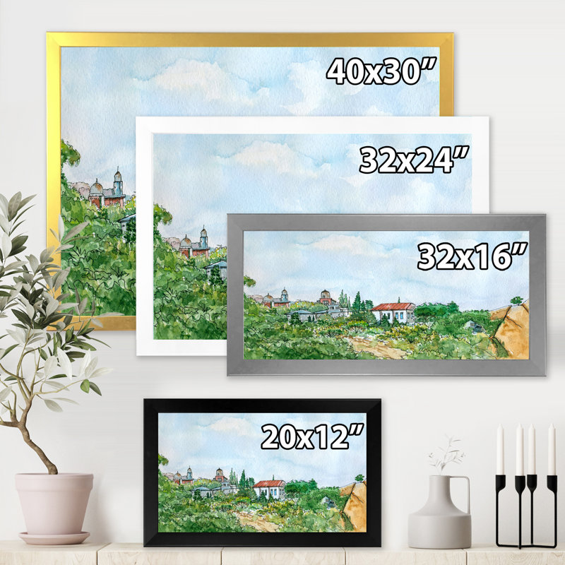 Maison blanche avec toit rouge à la campagne - Peinture sur toile, H 30 po x l 40 po x 1,5 po, Toile encadrée d'or