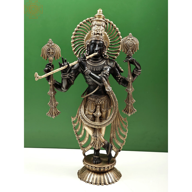 27 po. Laiton fait à la main 27 po. Krishna Idol jouant de la flûte - Sculpture indienne de style Hoysala pour la décoration spirituelle et la méditation